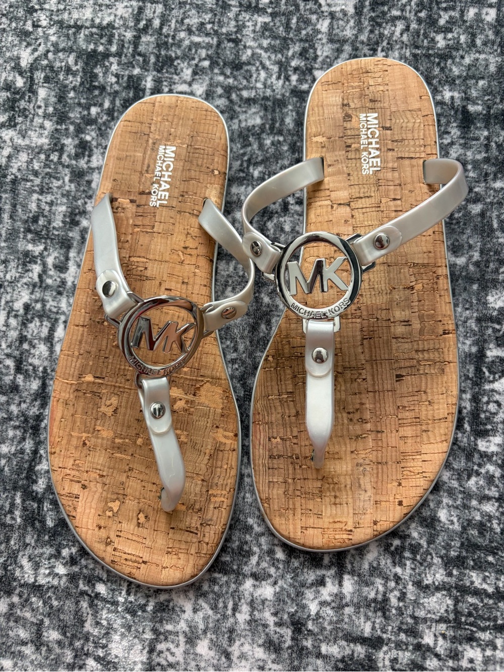 Michael Kors Silver MK Logo Cork Footbed Thong Sandals Size 8M